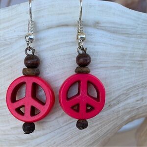 Hot Pink Peace Sterling Silver Earrings Boho Dangle Wooden and Acrylic Handmade